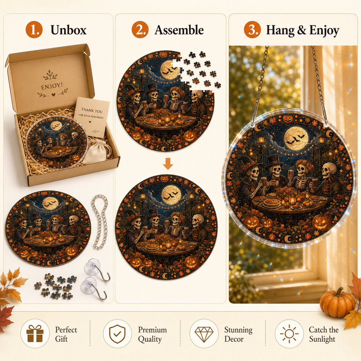 Halloween Acrylic Jigsaw Puzzle Suncatcher - Skeleton Feast