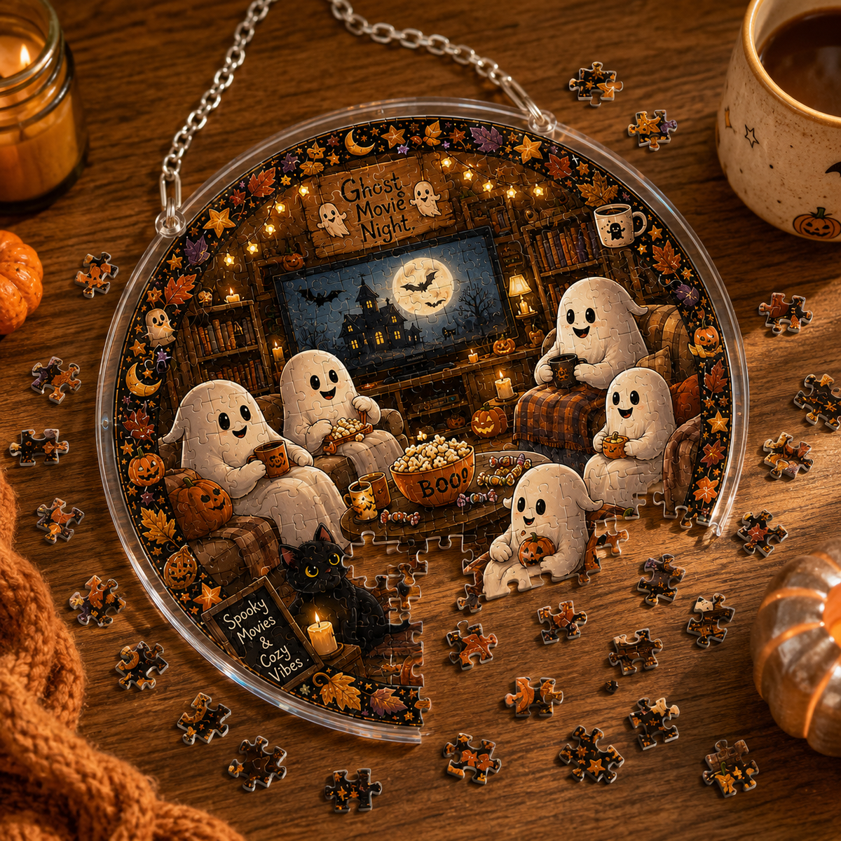 Halloween Acrylic Jigsaw Puzzle Suncatcher - Ghosts Movie Night