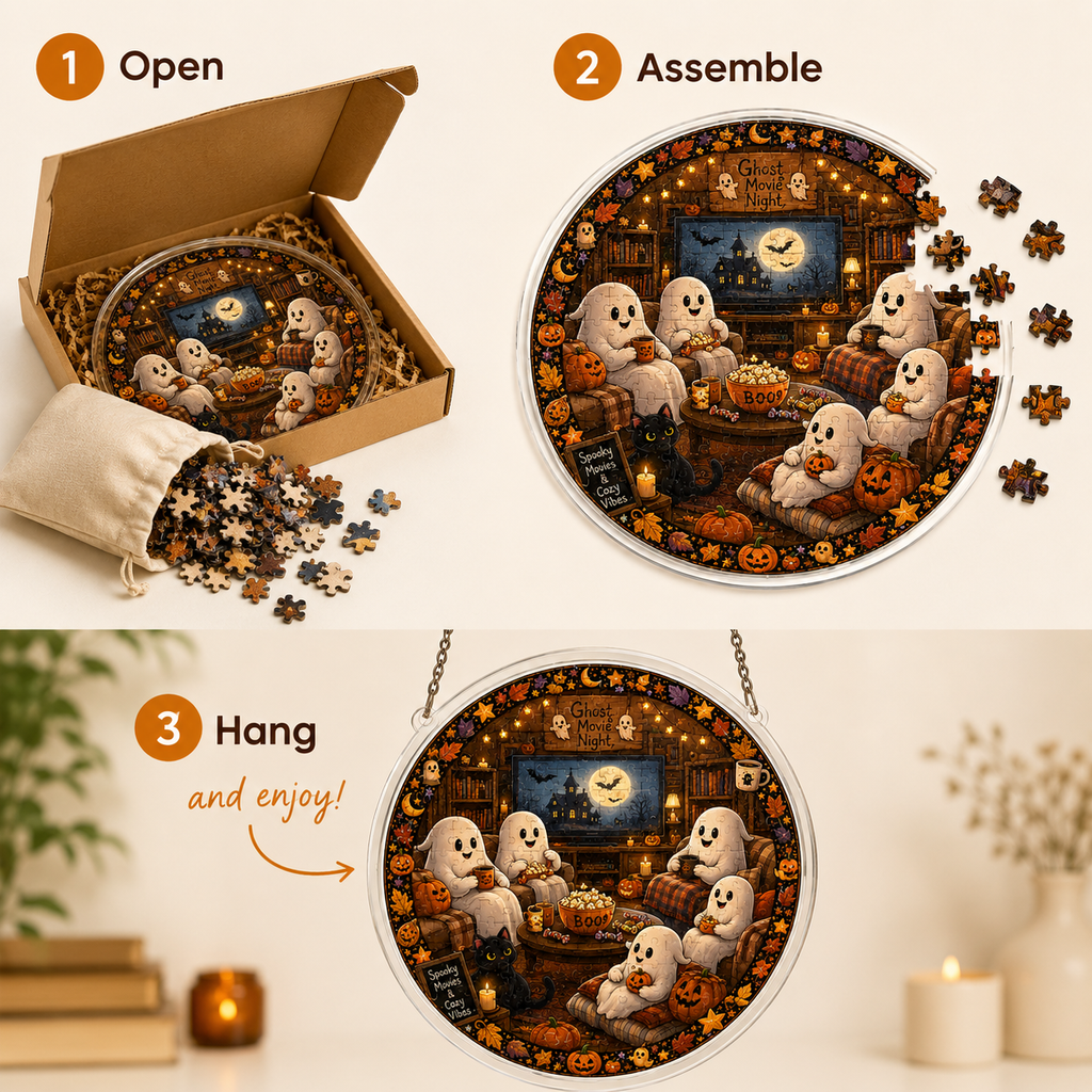 Halloween Acrylic Jigsaw Puzzle Suncatcher - Ghosts Movie Night