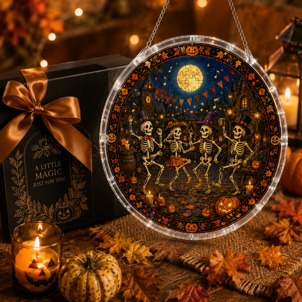 Halloween Acrylic Jigsaw Puzzle Suncatcher - Dancing Skeletons