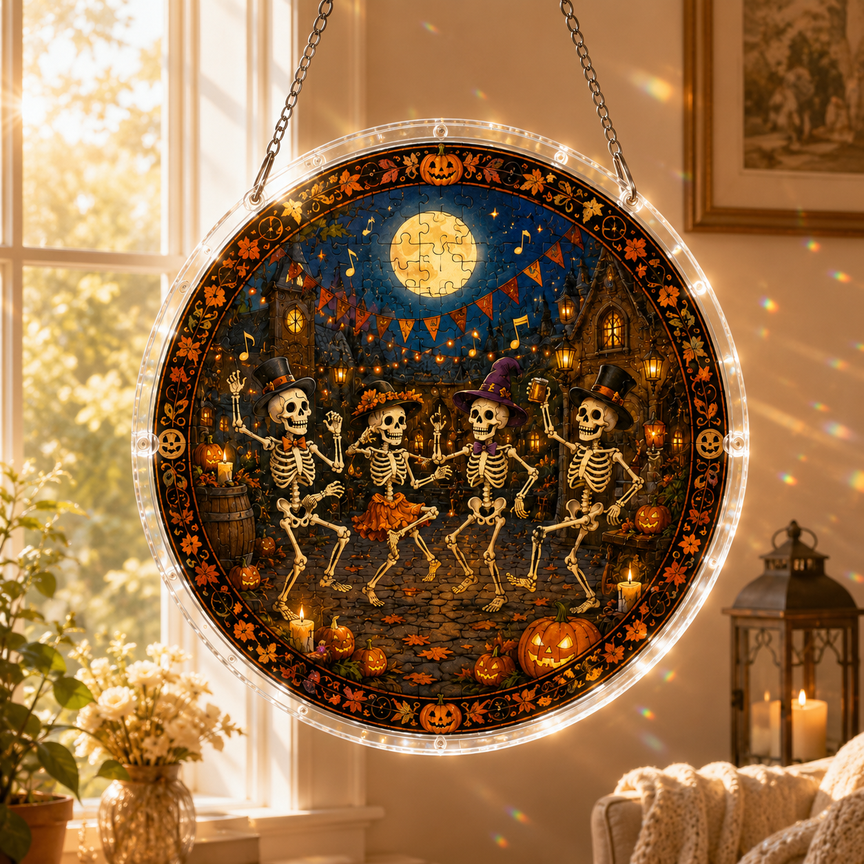 Halloween Acrylic Jigsaw Puzzle Suncatcher - Dancing Skeletons