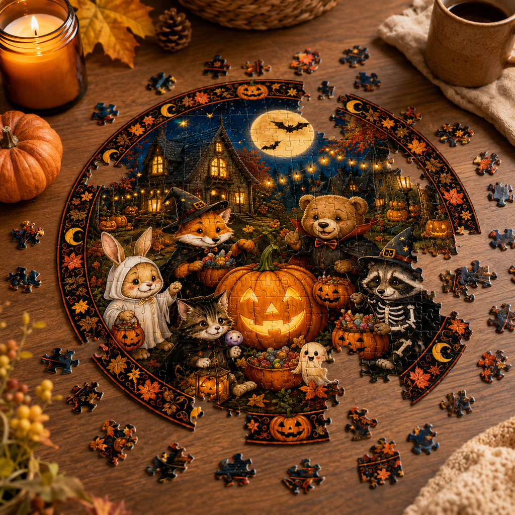 Halloween Acrylic Jigsaw Puzzle Suncatcher - Woodland Pumpkin Patch