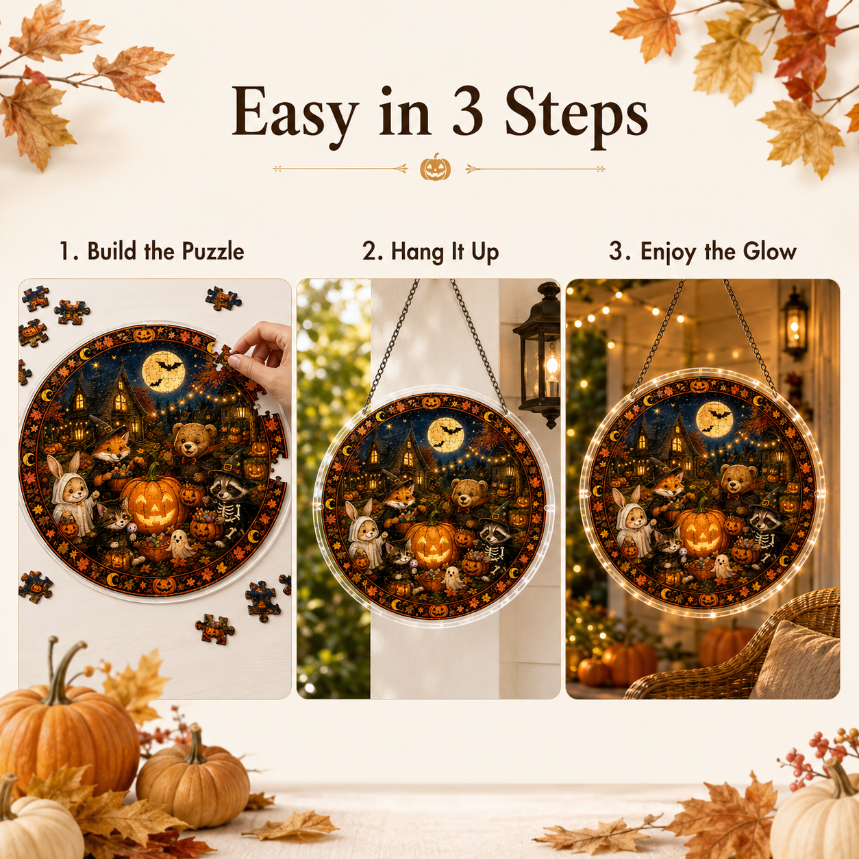 Halloween Acrylic Jigsaw Puzzle Suncatcher - Woodland Pumpkin Patch