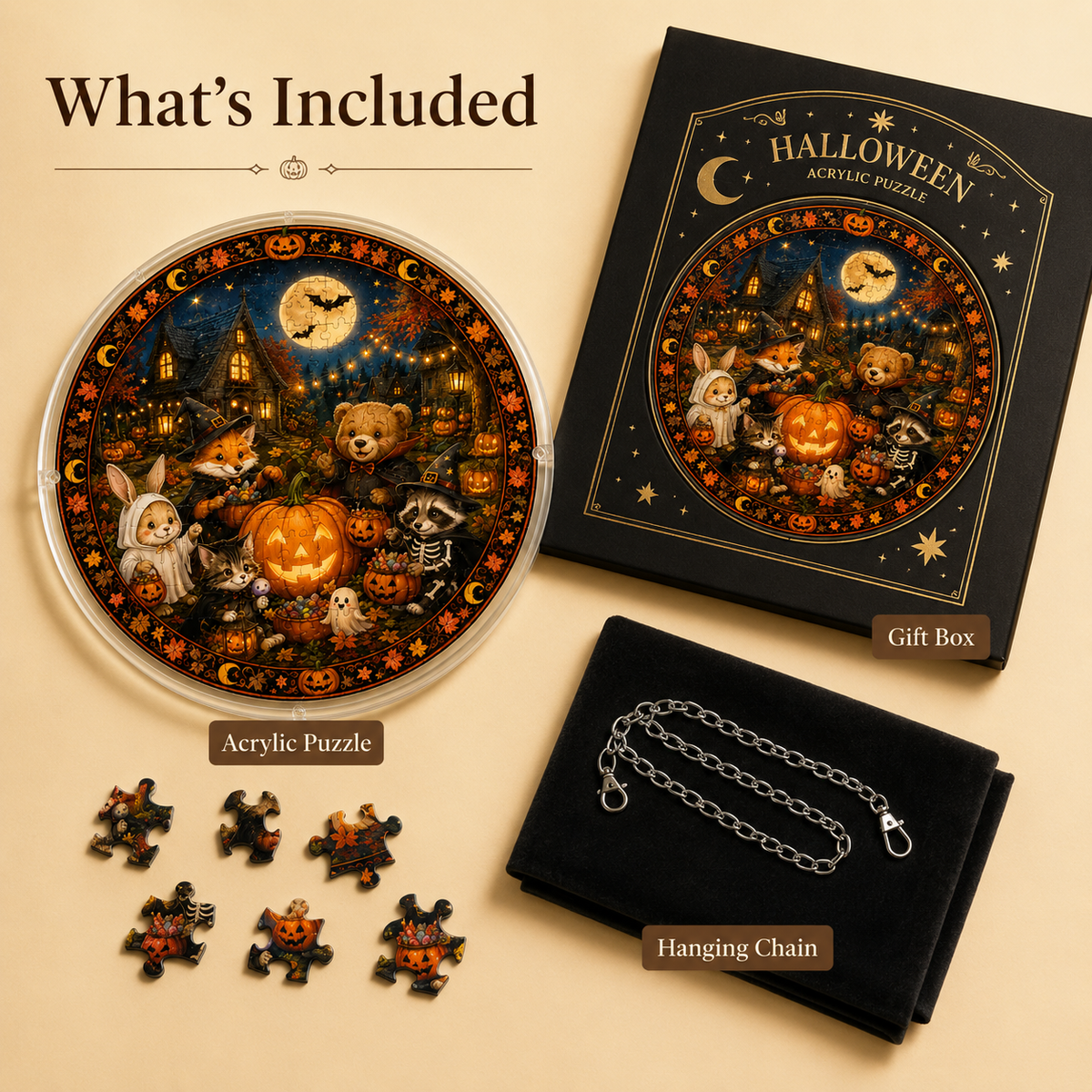 Halloween Acrylic Jigsaw Puzzle Suncatcher - Woodland Pumpkin Patch