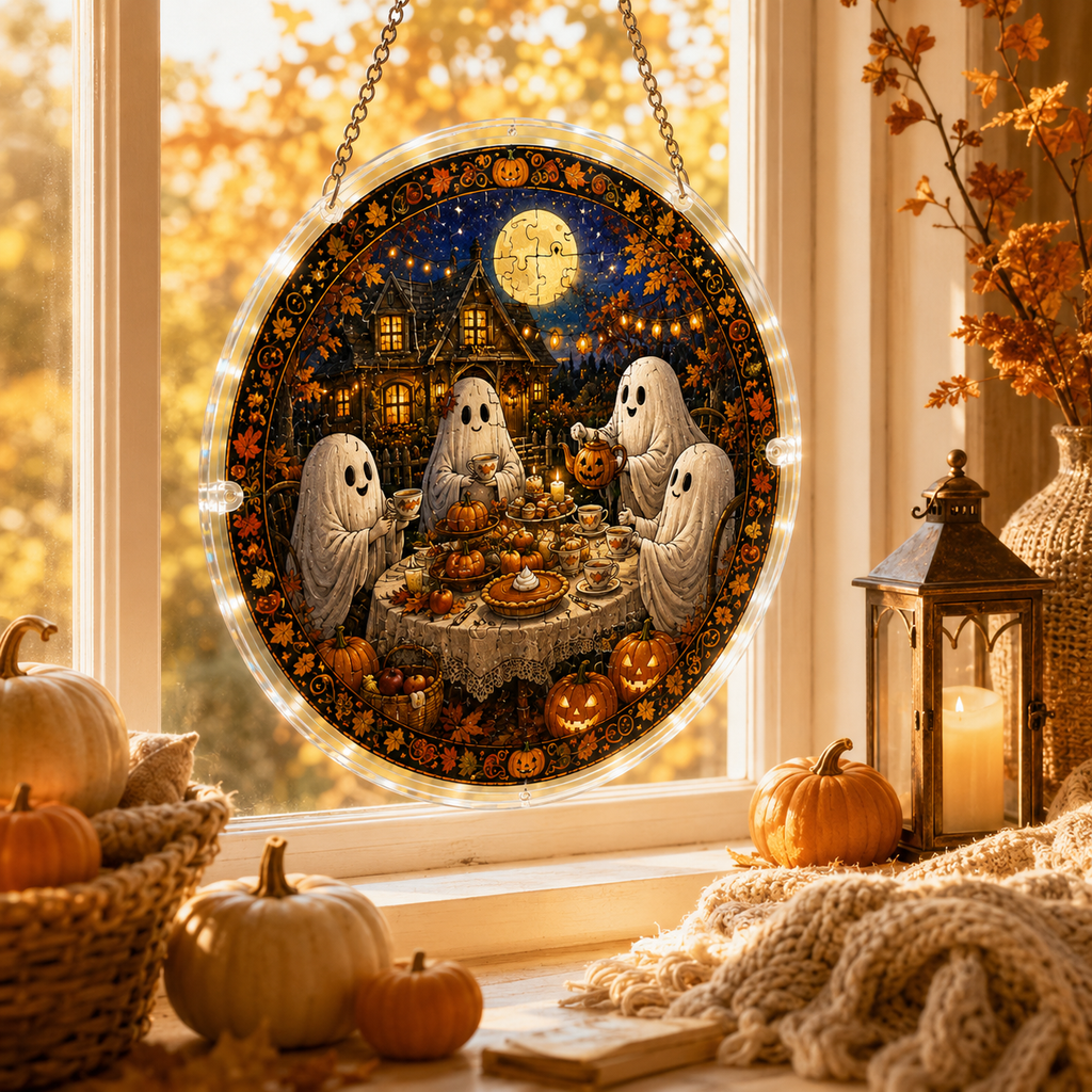 Halloween Acrylic Jigsaw Puzzle Suncatcher - Ghost Dinner Party