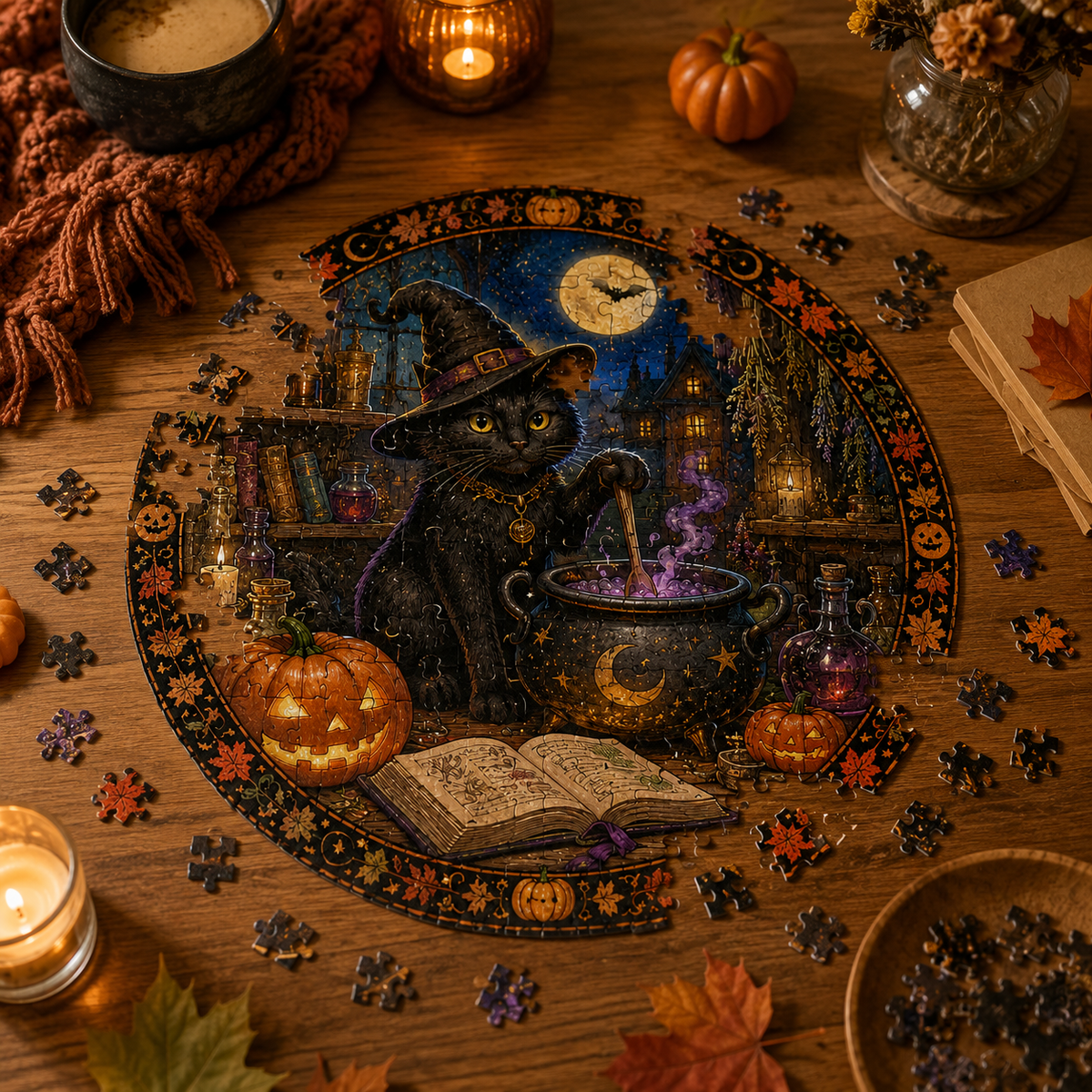 Halloween Acrylic Jigsaw Puzzle Suncatcher - Black Cat Brew Master