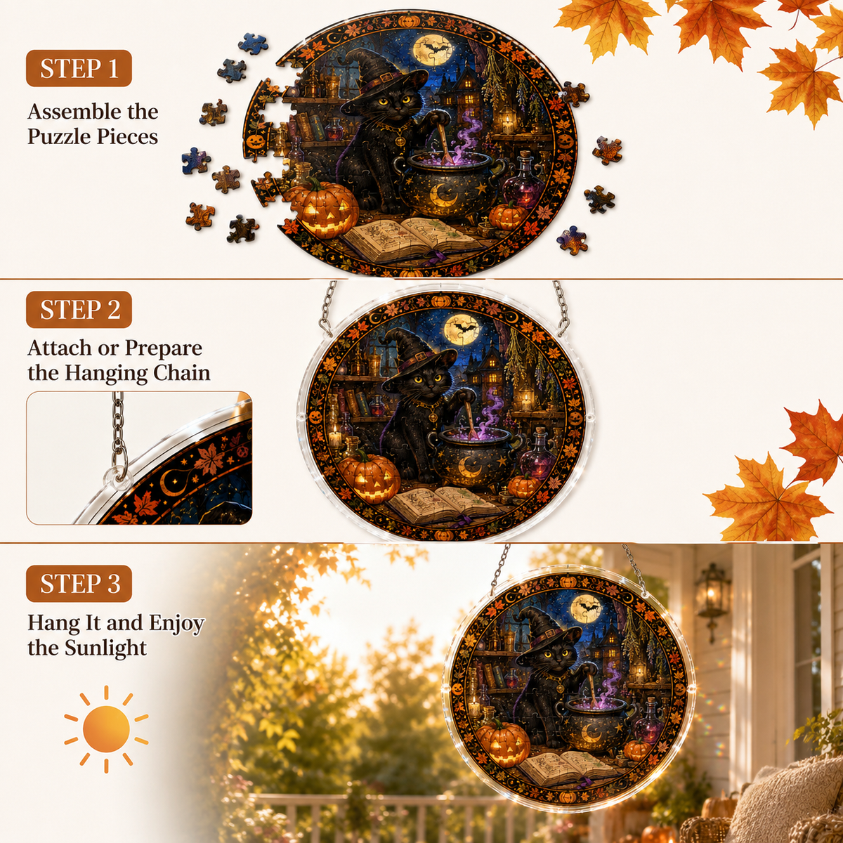 Halloween Acrylic Jigsaw Puzzle Suncatcher - Black Cat Brew Master