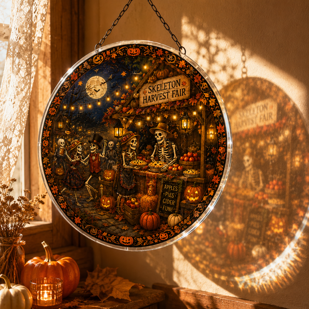 Halloween Acrylic Jigsaw Puzzle Suncatcher - Skeleton Harvest Fair