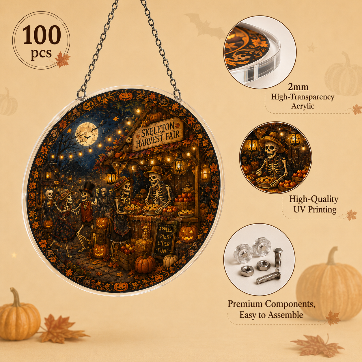 Halloween Acrylic Jigsaw Puzzle Suncatcher - Skeleton Harvest Fair