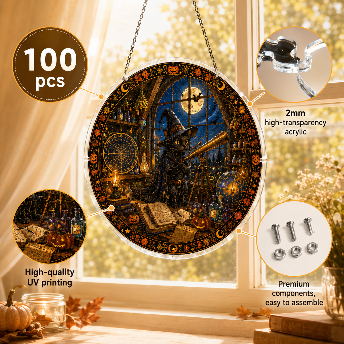 Halloween Acrylic Jigsaw Puzzle Suncatcher - Wizard Observatory