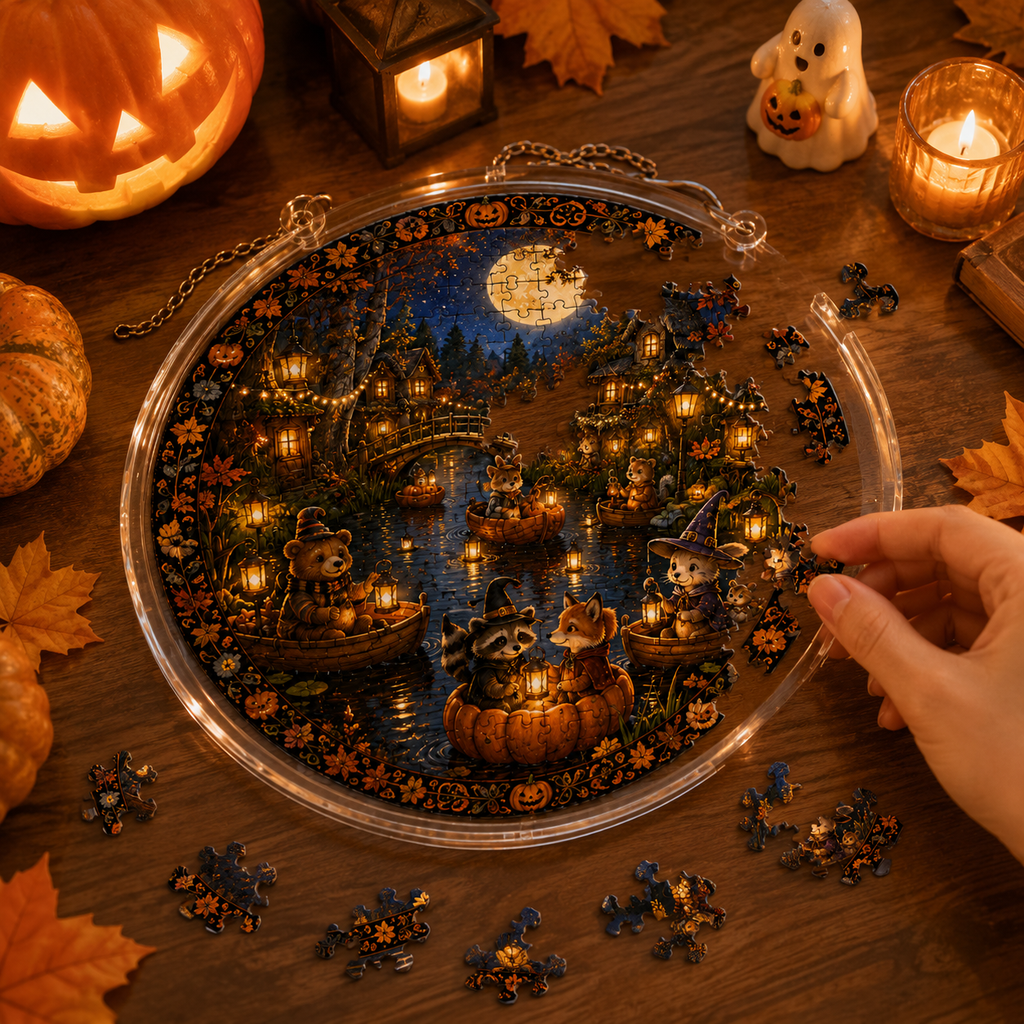 Halloween Acrylic Jigsaw Puzzle Suncatcher - Pumpkin River Cruise
