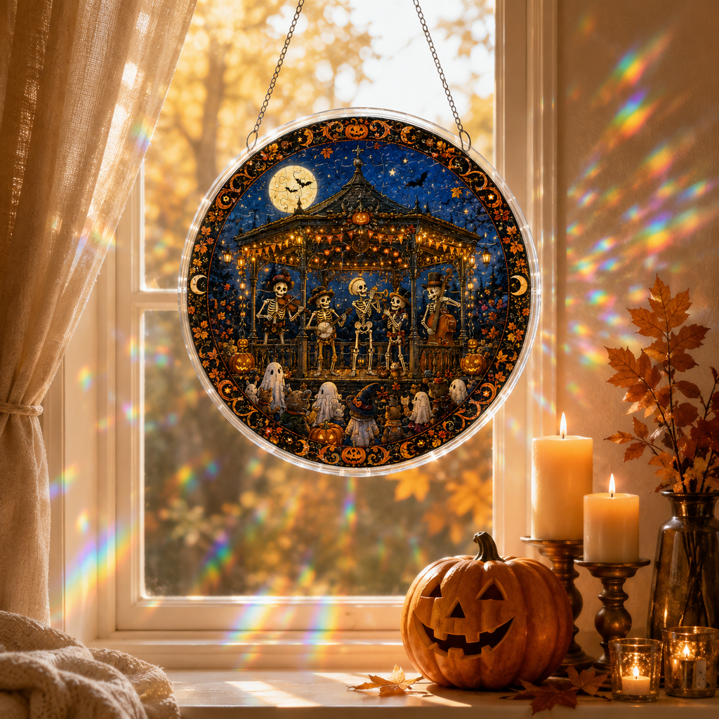 Halloween Acrylic Jigsaw Puzzle Suncatcher - Skeleton Concert Stage