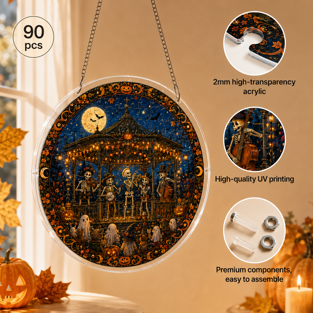 Halloween Acrylic Jigsaw Puzzle Suncatcher - Skeleton Concert Stage