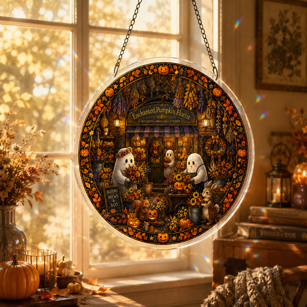 Halloween Acrylic Jigsaw Puzzle Suncatcher - Enchanted Pumpkin Florist