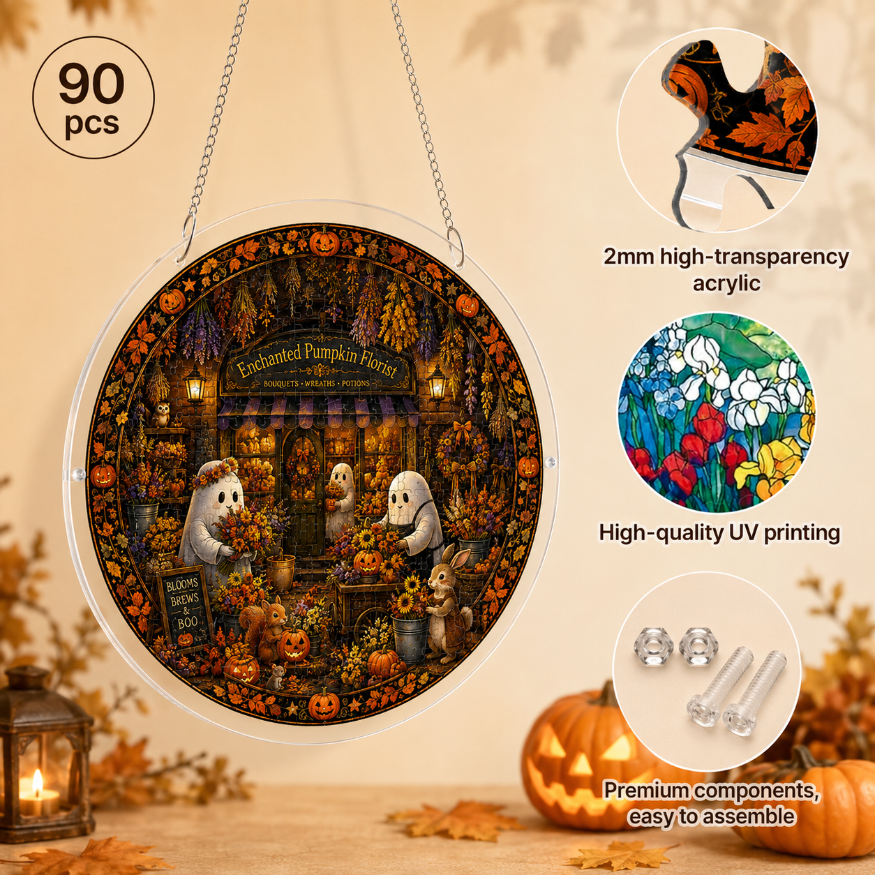Halloween Acrylic Jigsaw Puzzle Suncatcher - Enchanted Pumpkin Florist