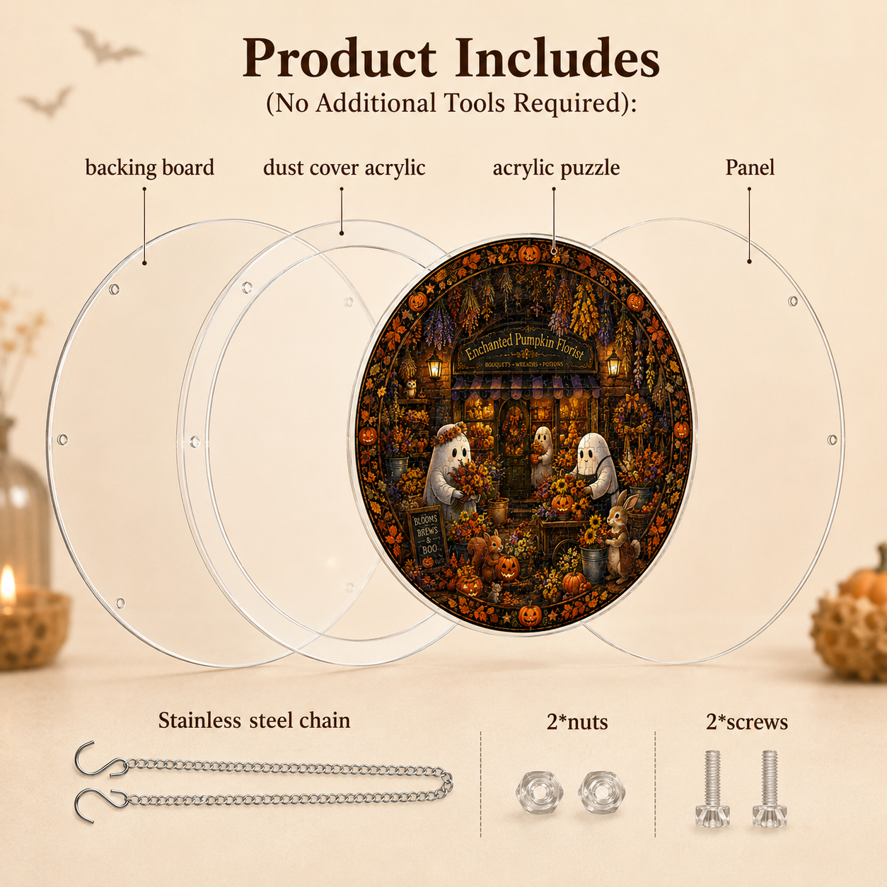 Halloween Acrylic Jigsaw Puzzle Suncatcher - Enchanted Pumpkin Florist