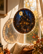 Halloween Acrylic Jigsaw Puzzle Suncatcher - Spooky Manor Moonlight