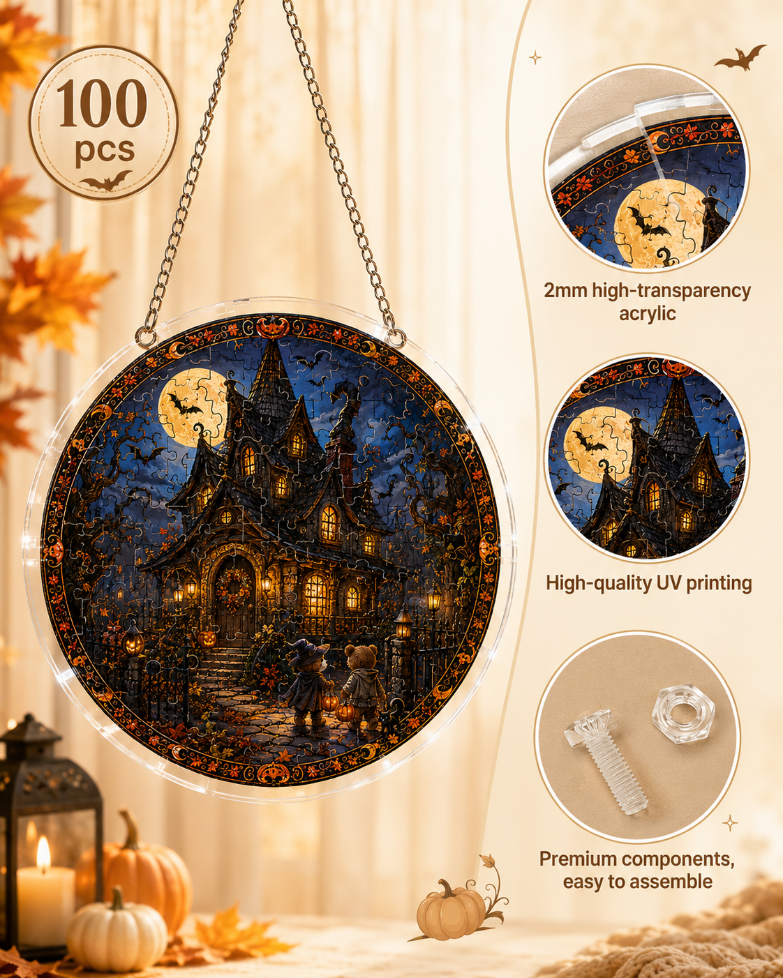 Halloween Acrylic Jigsaw Puzzle Suncatcher - Spooky Manor Moonlight
