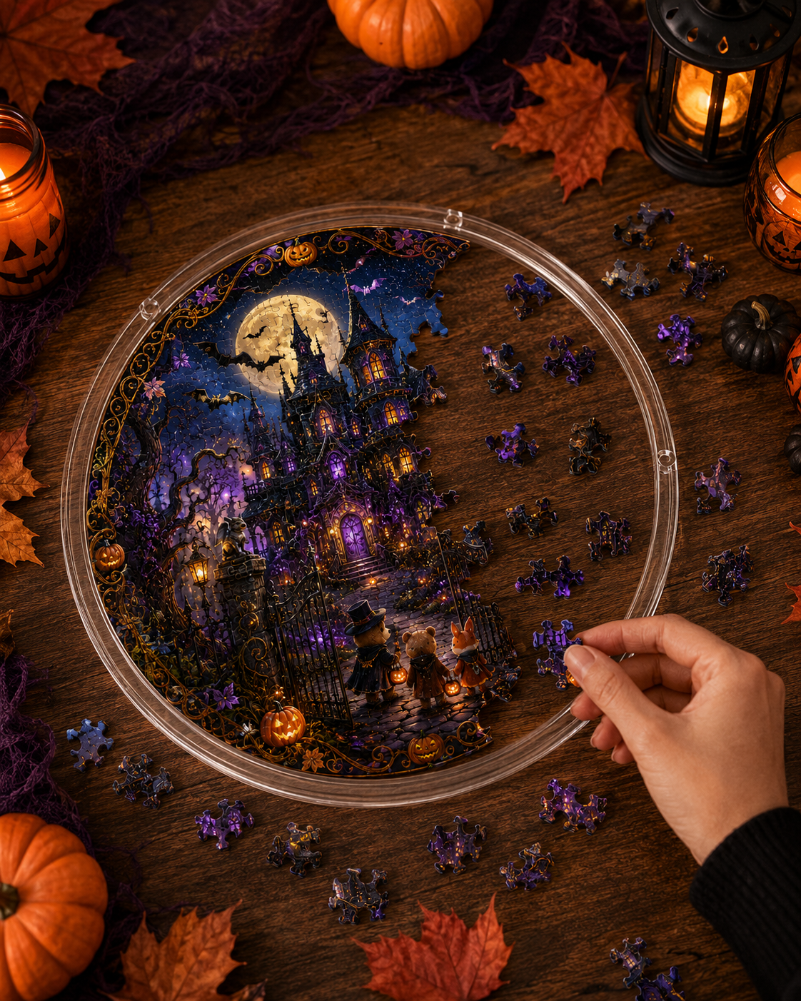 Halloween Acrylic Jigsaw Puzzle Suncatcher - Haunted Castle Gate