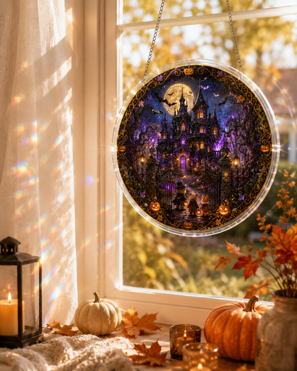 Halloween Acrylic Jigsaw Puzzle Suncatcher - Haunted Castle Gate