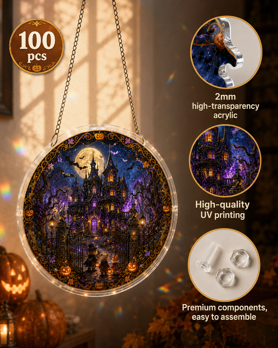 Halloween Acrylic Jigsaw Puzzle Suncatcher - Haunted Castle Gate