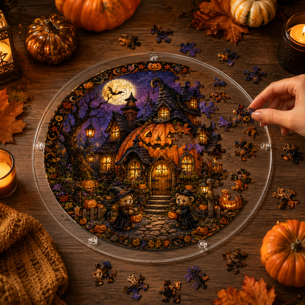 Halloween Acrylic Jigsaw Puzzle Suncatcher - Giant Pumpkin Cottage