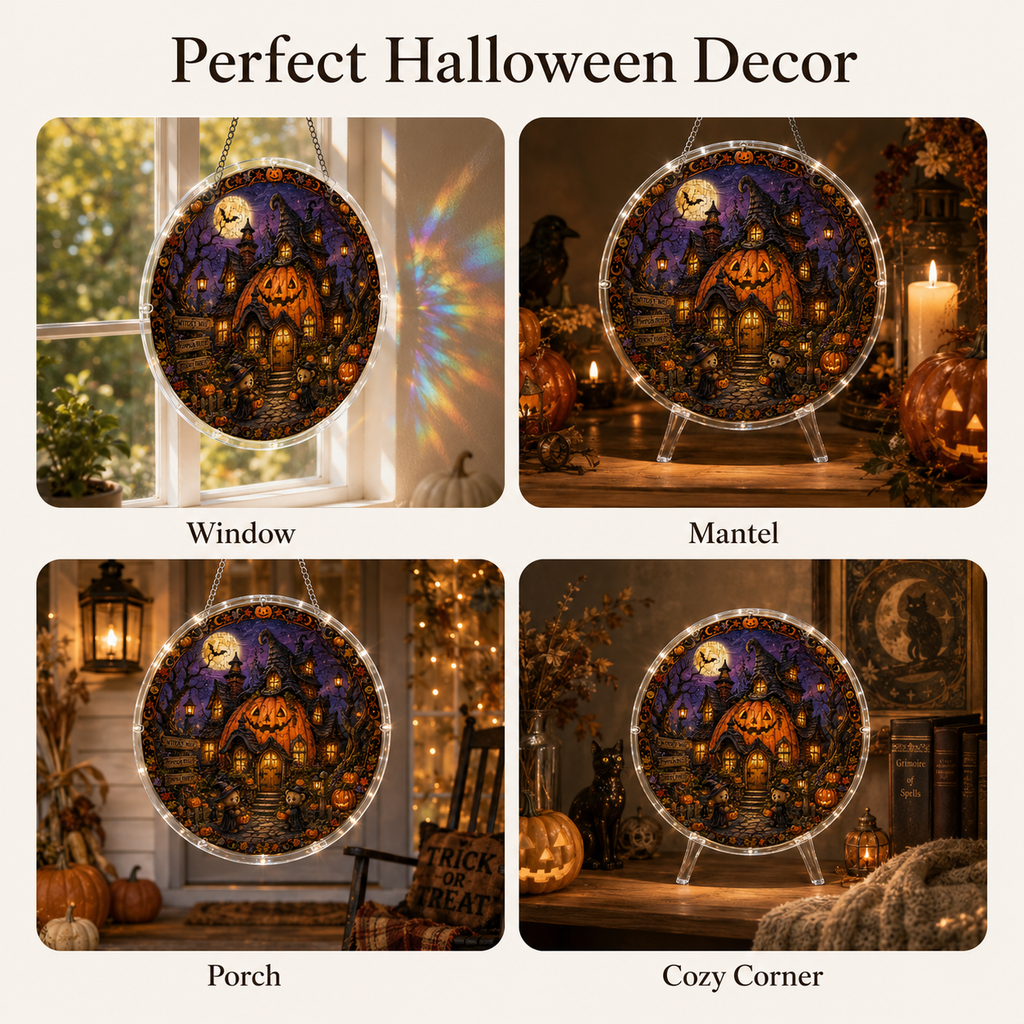 Halloween Acrylic Jigsaw Puzzle Suncatcher - Giant Pumpkin Cottage