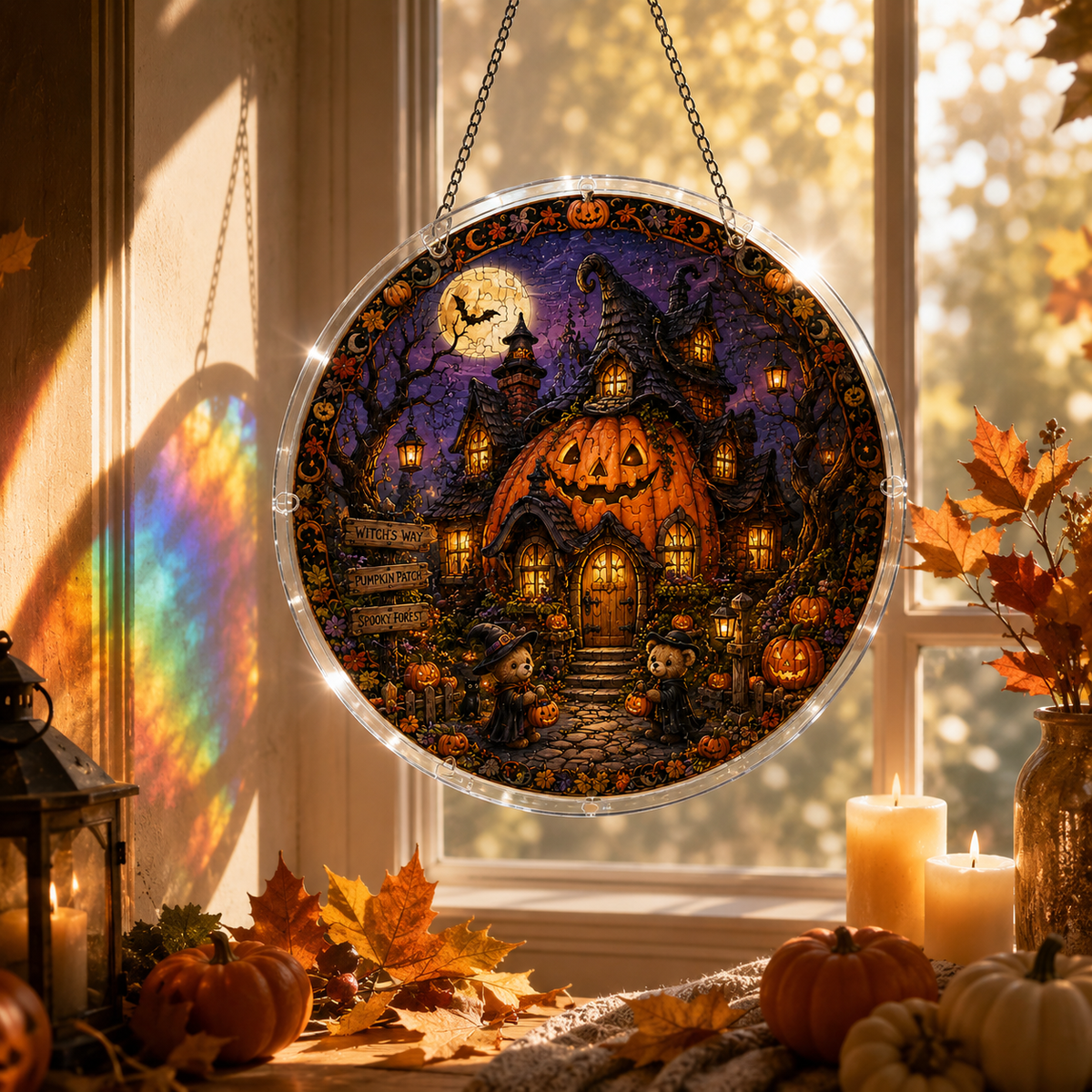 Halloween Acrylic Jigsaw Puzzle Suncatcher - Giant Pumpkin Cottage
