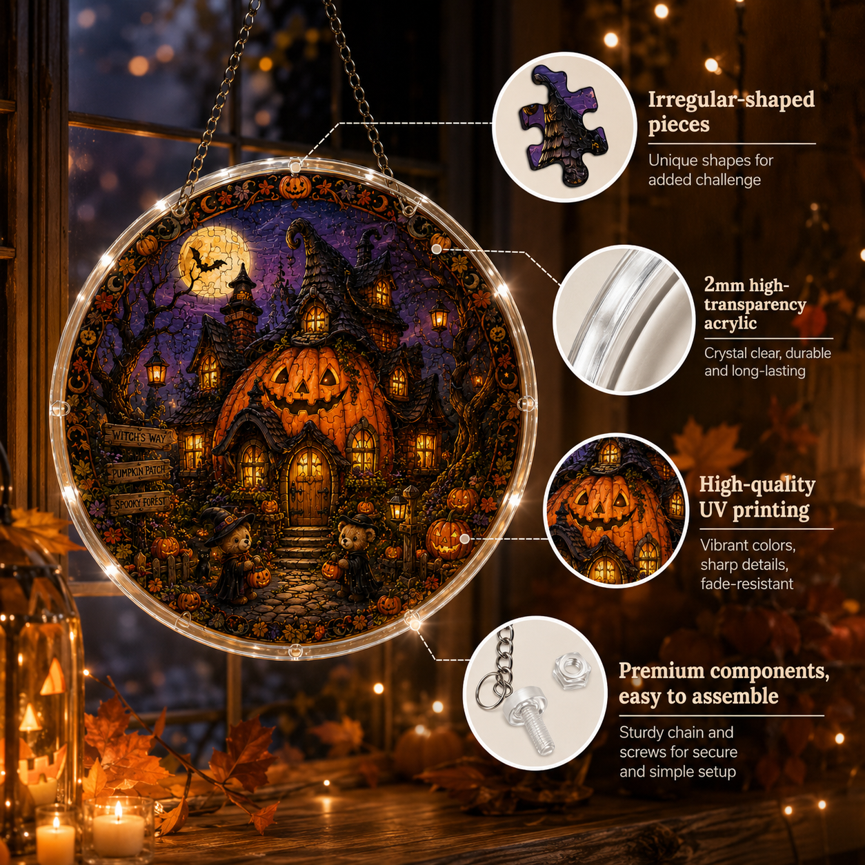 Halloween Acrylic Jigsaw Puzzle Suncatcher - Giant Pumpkin Cottage