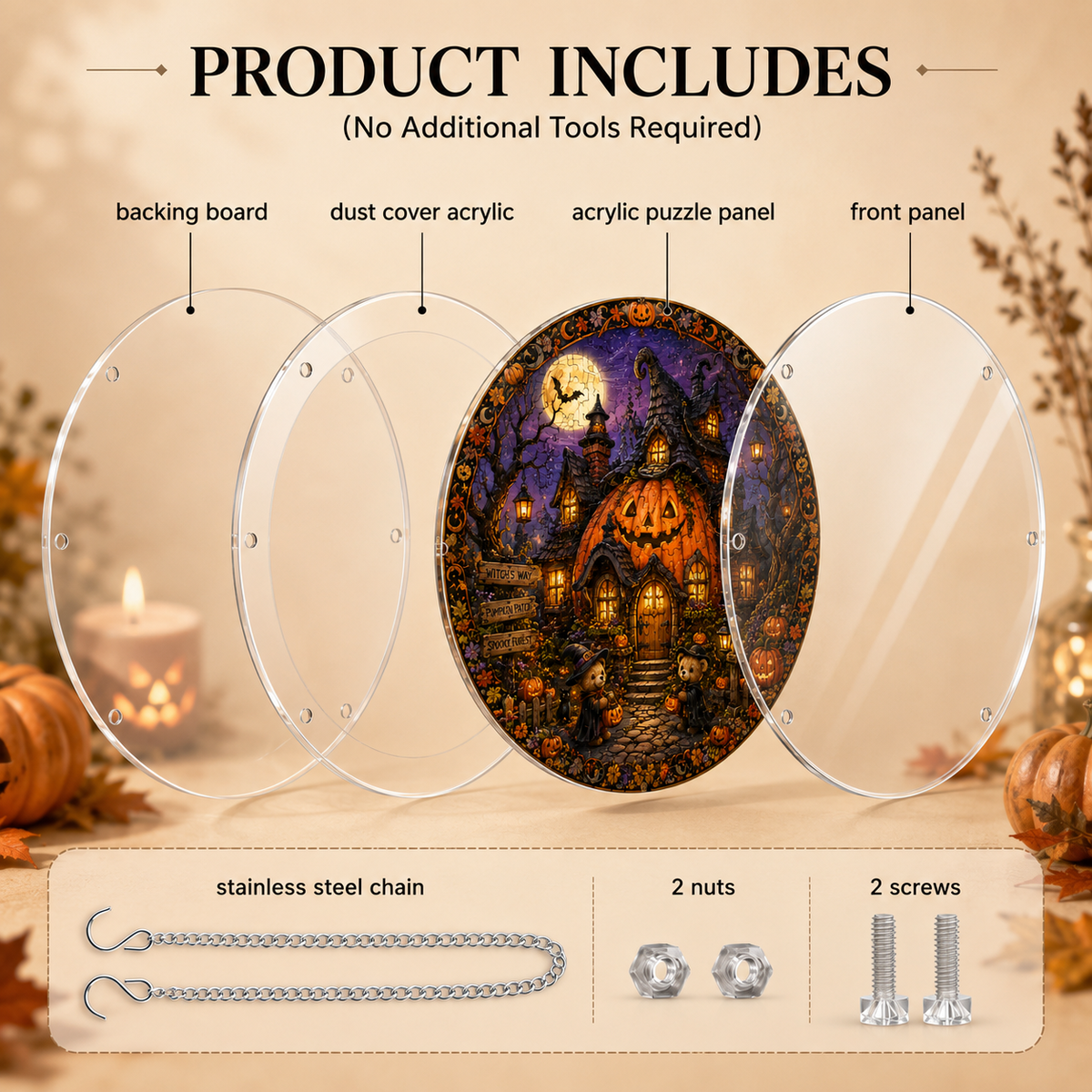 Halloween Acrylic Jigsaw Puzzle Suncatcher - Giant Pumpkin Cottage