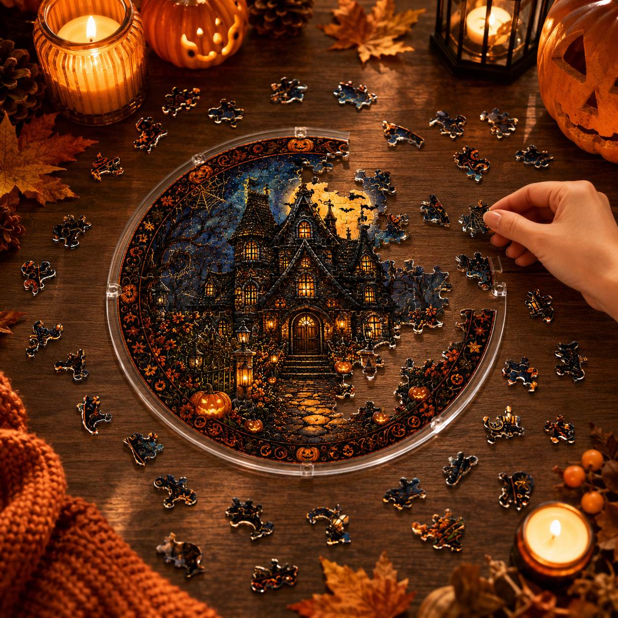 Halloween Acrylic Jigsaw Puzzle Suncatcher - Moonlit Pumpkin Manor