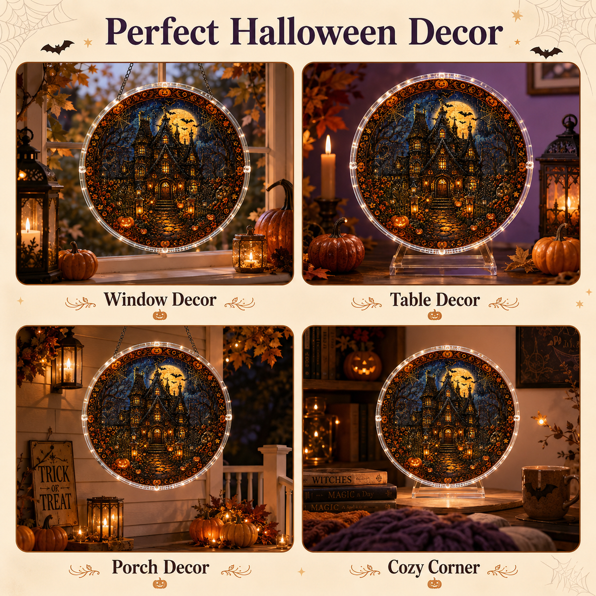 Halloween Acrylic Jigsaw Puzzle Suncatcher - Moonlit Pumpkin Manor