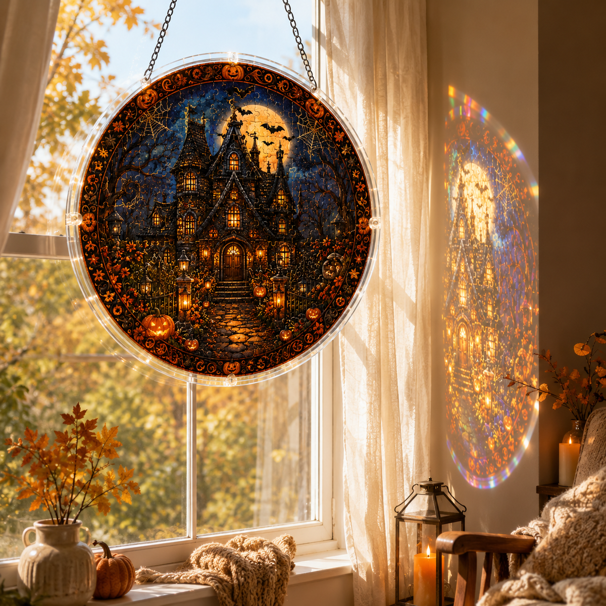 Halloween Acrylic Jigsaw Puzzle Suncatcher - Moonlit Pumpkin Manor