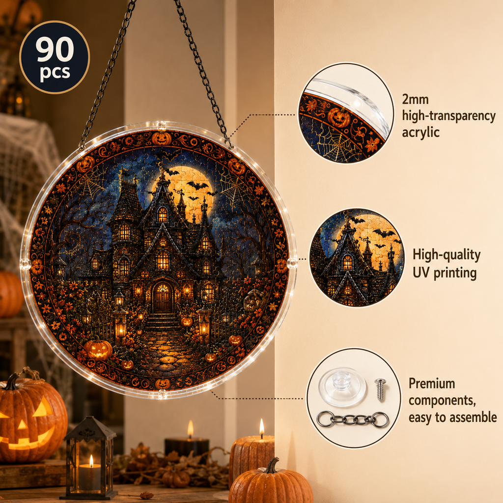 Halloween Acrylic Jigsaw Puzzle Suncatcher - Moonlit Pumpkin Manor
