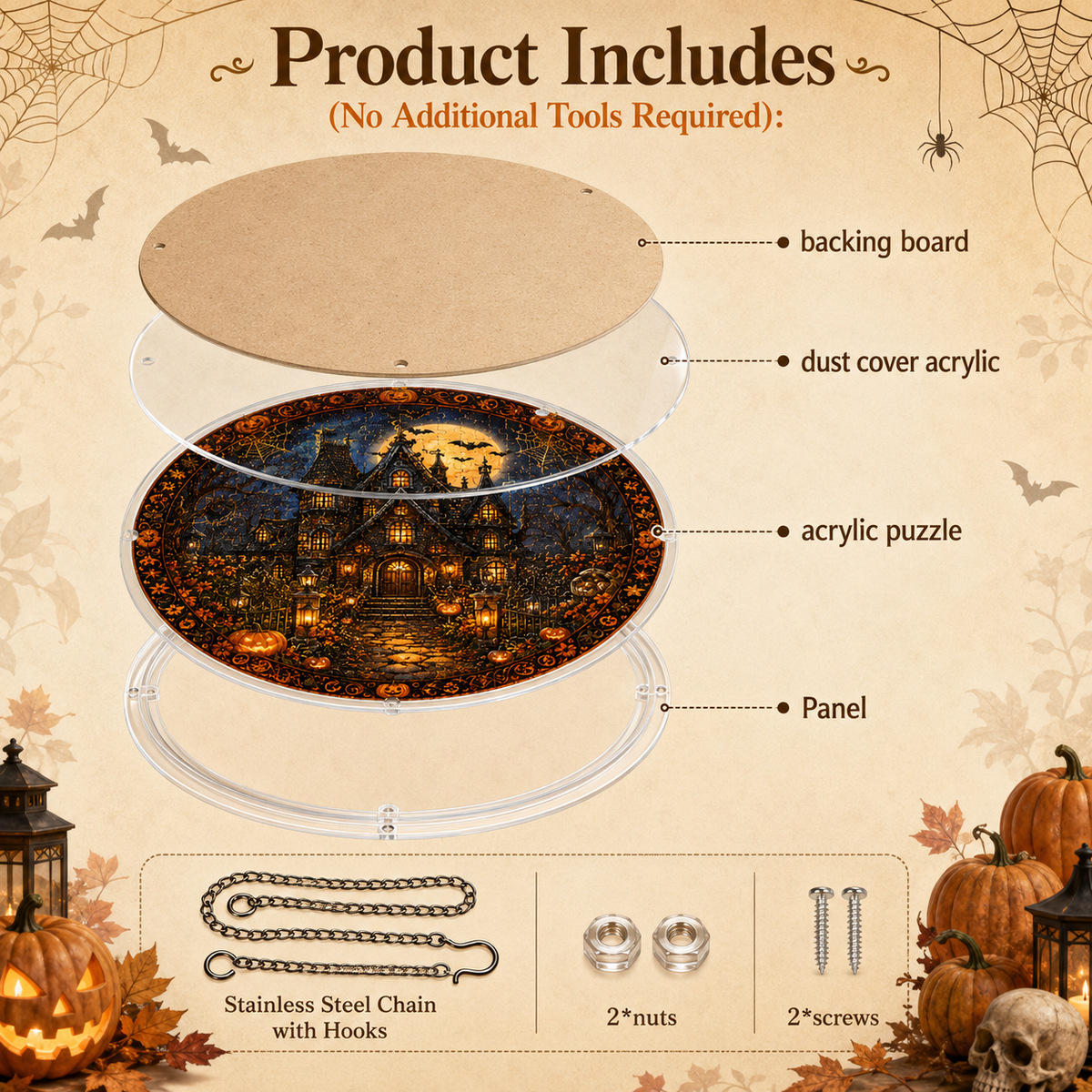 Halloween Acrylic Jigsaw Puzzle Suncatcher - Moonlit Pumpkin Manor