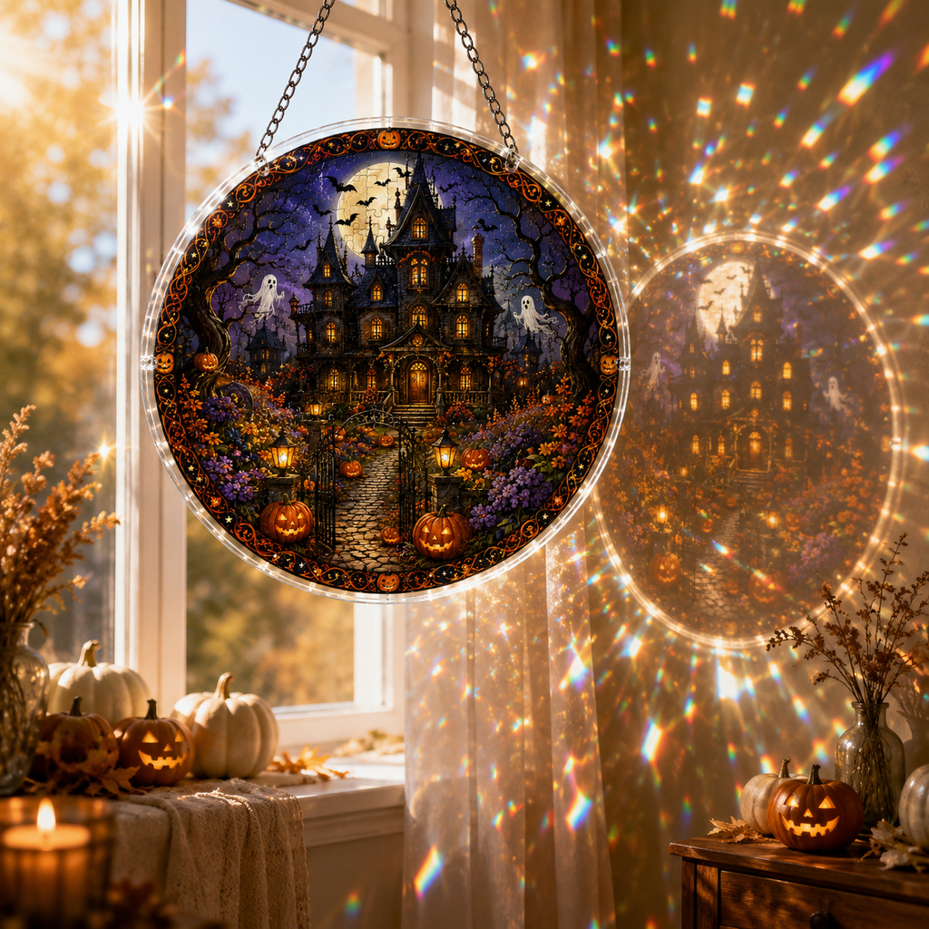 Halloween Acrylic Jigsaw Puzzle Suncatcher - Gothic Manor Path