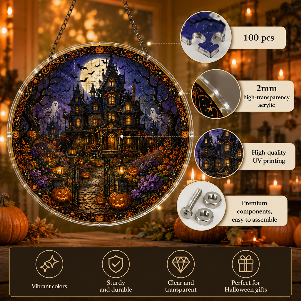 Halloween Acrylic Jigsaw Puzzle Suncatcher - Gothic Manor Path