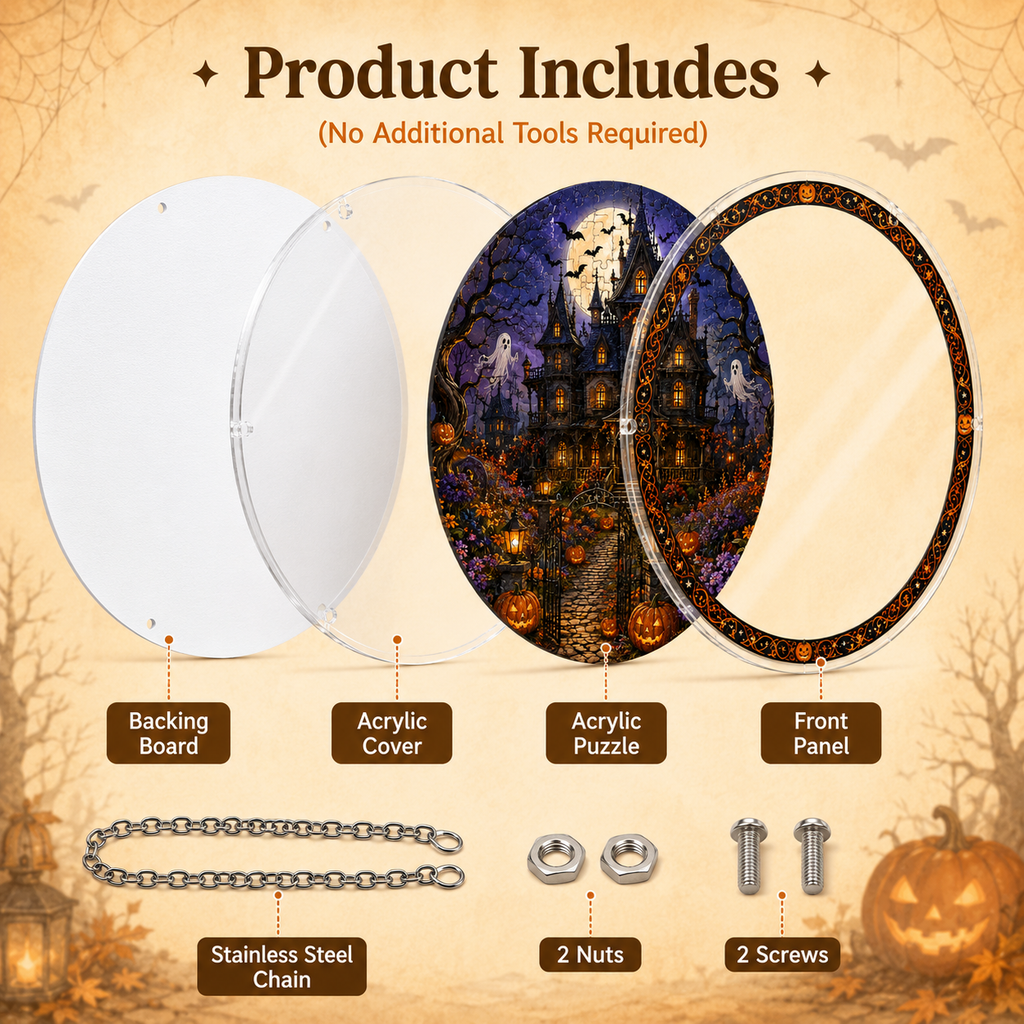 Halloween Acrylic Jigsaw Puzzle Suncatcher - Gothic Manor Path
