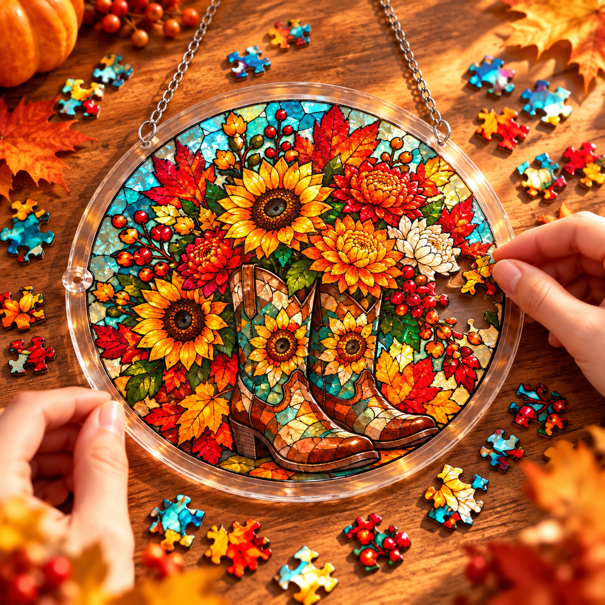 Tanksgiving Acrylic Jigsaw Puzzle Suncatcher - Floral Boots