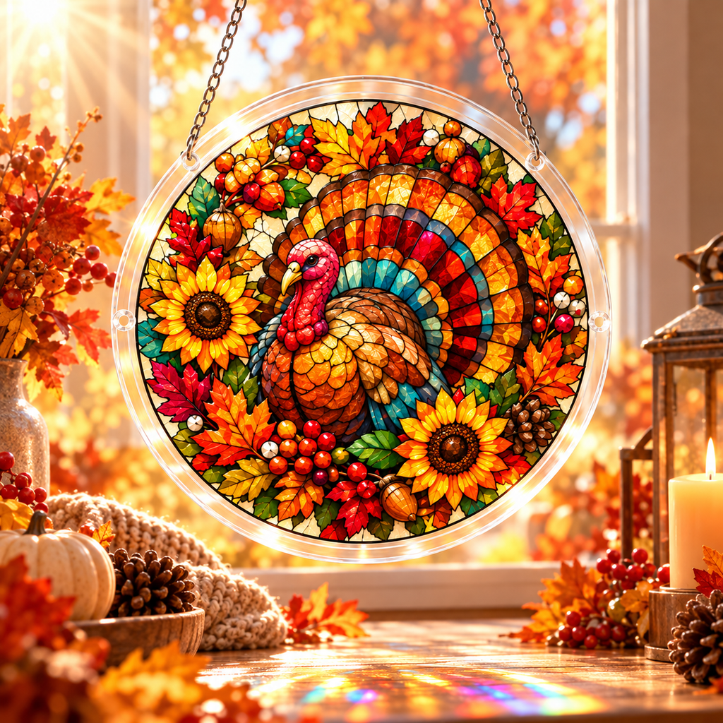 Tanksgiving Acrylic Jigsaw Puzzle Suncatcher - Turkey Wreath