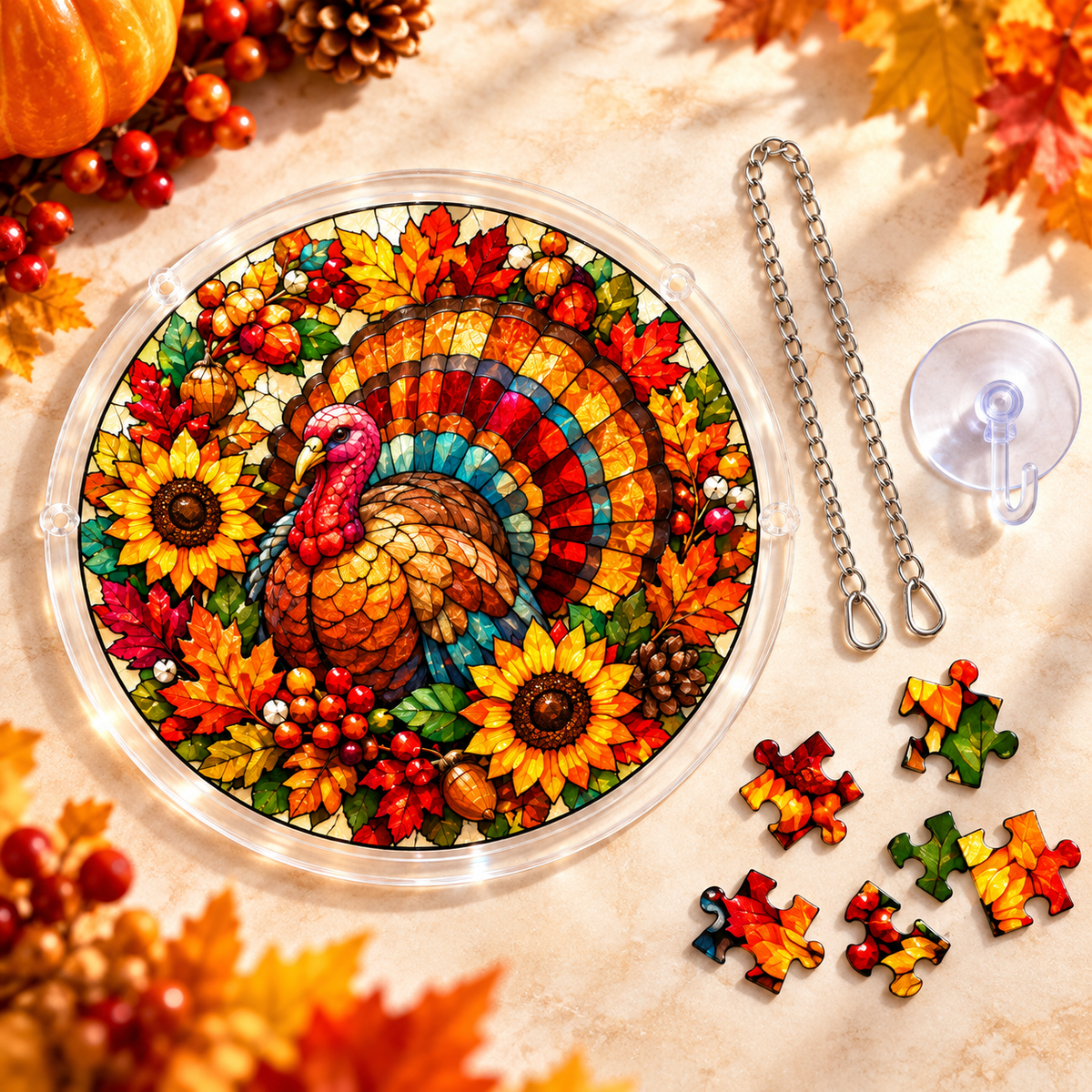 Tanksgiving Acrylic Jigsaw Puzzle Suncatcher - Turkey Wreath