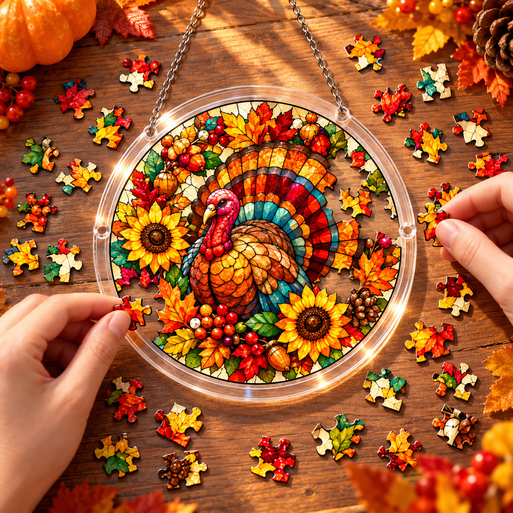 Tanksgiving Acrylic Jigsaw Puzzle Suncatcher - Turkey Wreath