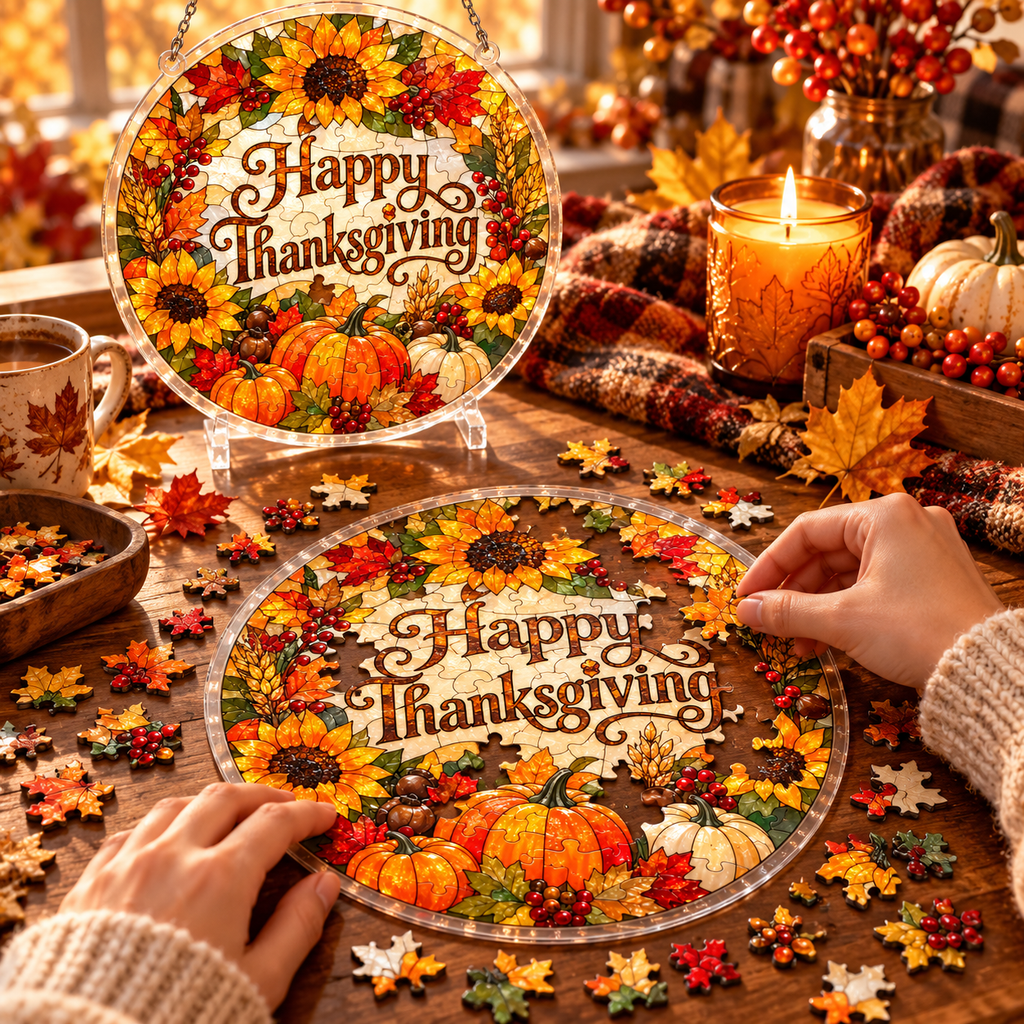 Tanksgiving Acrylic Jigsaw Puzzle Suncatcher - Happy Thanksgiving