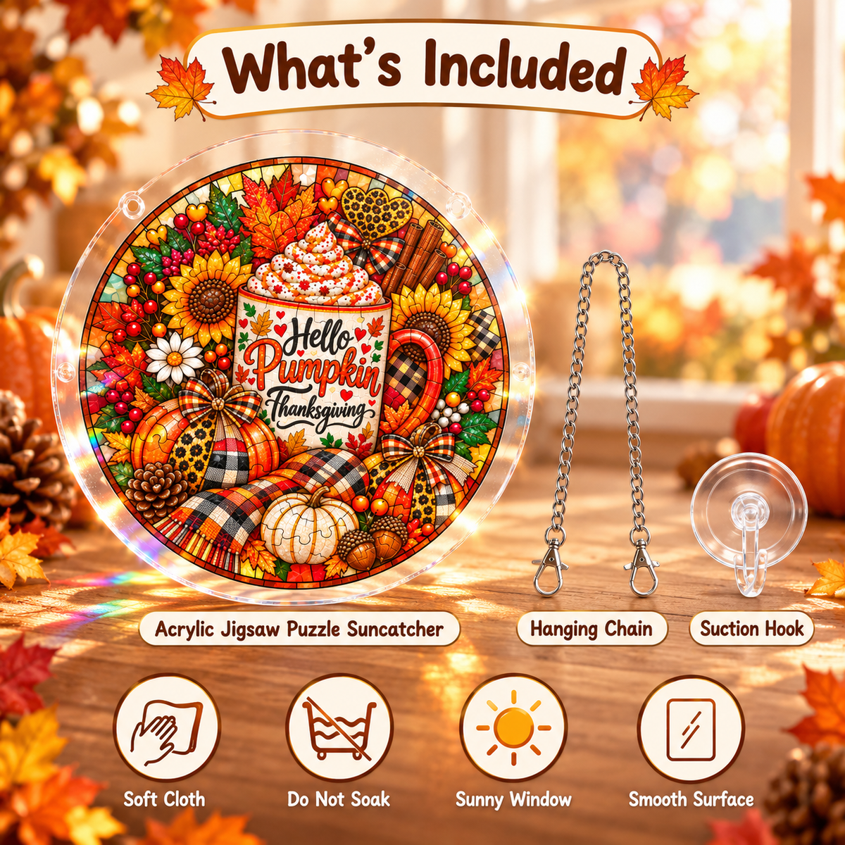 Tanksgiving Acrylic Jigsaw Puzzle Suncatcher - Hello Pumpkin