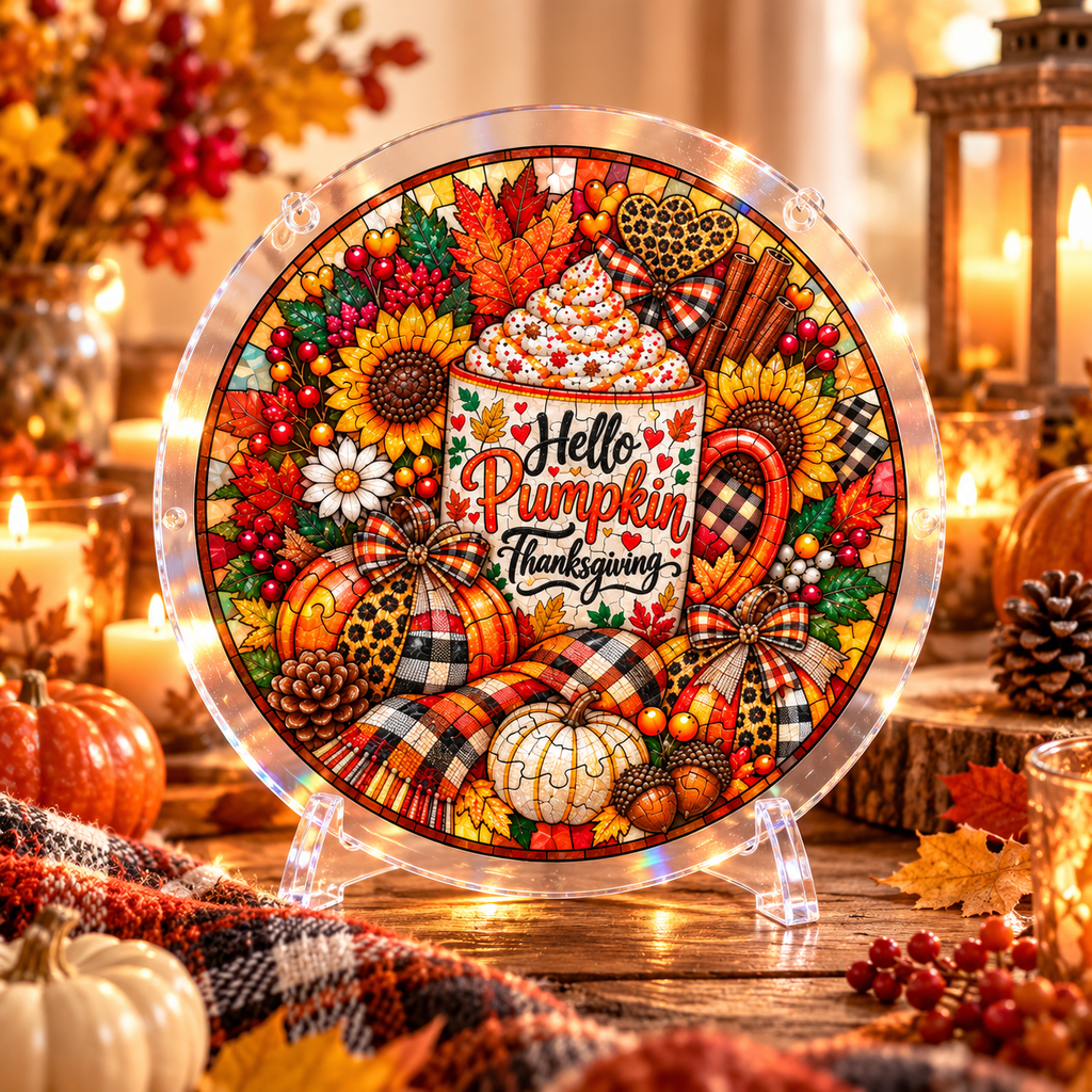 Tanksgiving Acrylic Jigsaw Puzzle Suncatcher - Hello Pumpkin