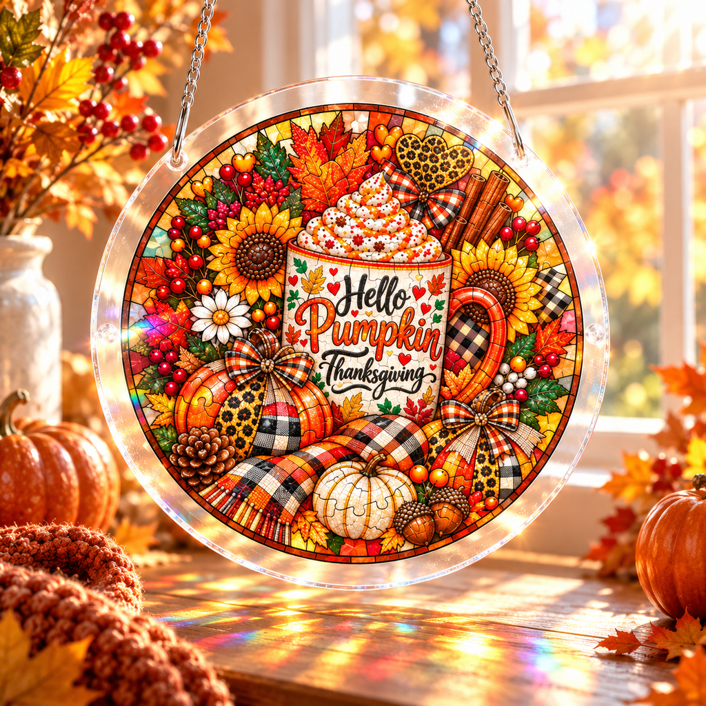 Tanksgiving Acrylic Jigsaw Puzzle Suncatcher - Hello Pumpkin