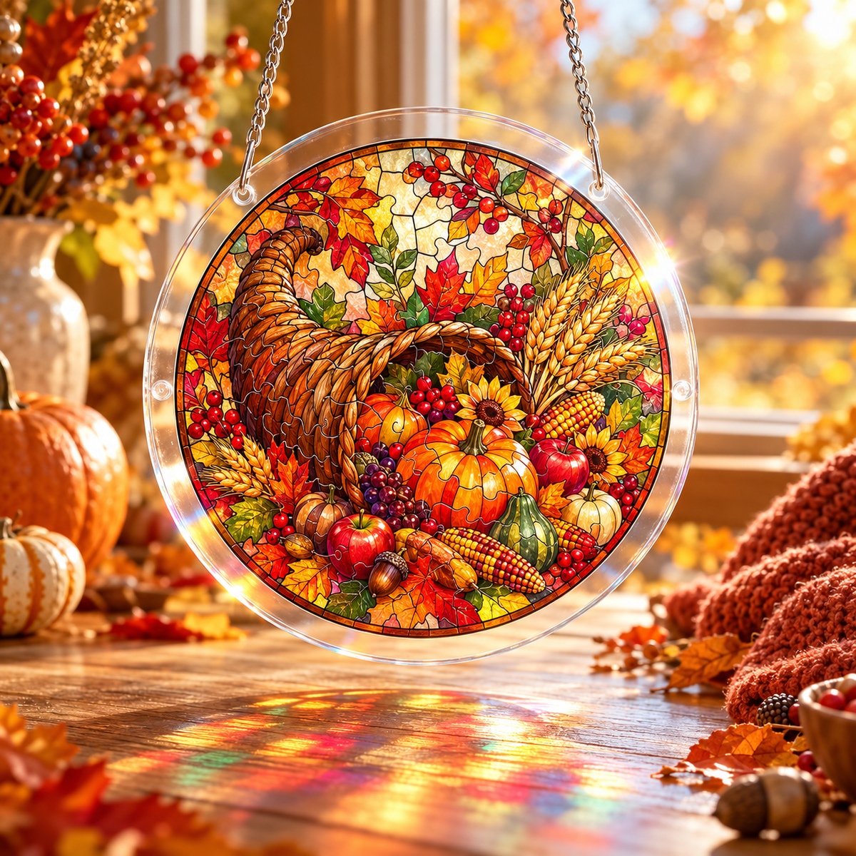 Tanksgiving Acrylic Jigsaw Puzzle Suncatcher - Cornucopia Harvest