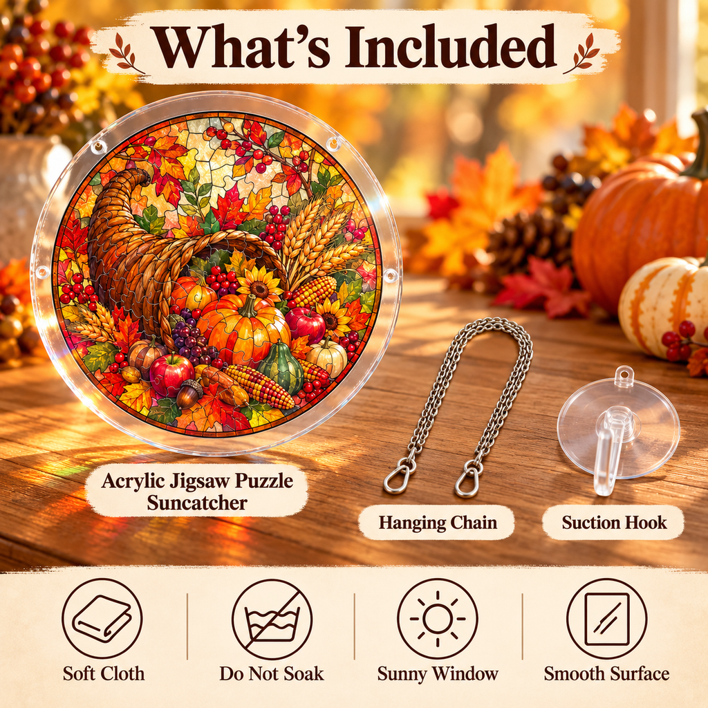 Tanksgiving Acrylic Jigsaw Puzzle Suncatcher - Cornucopia Harvest