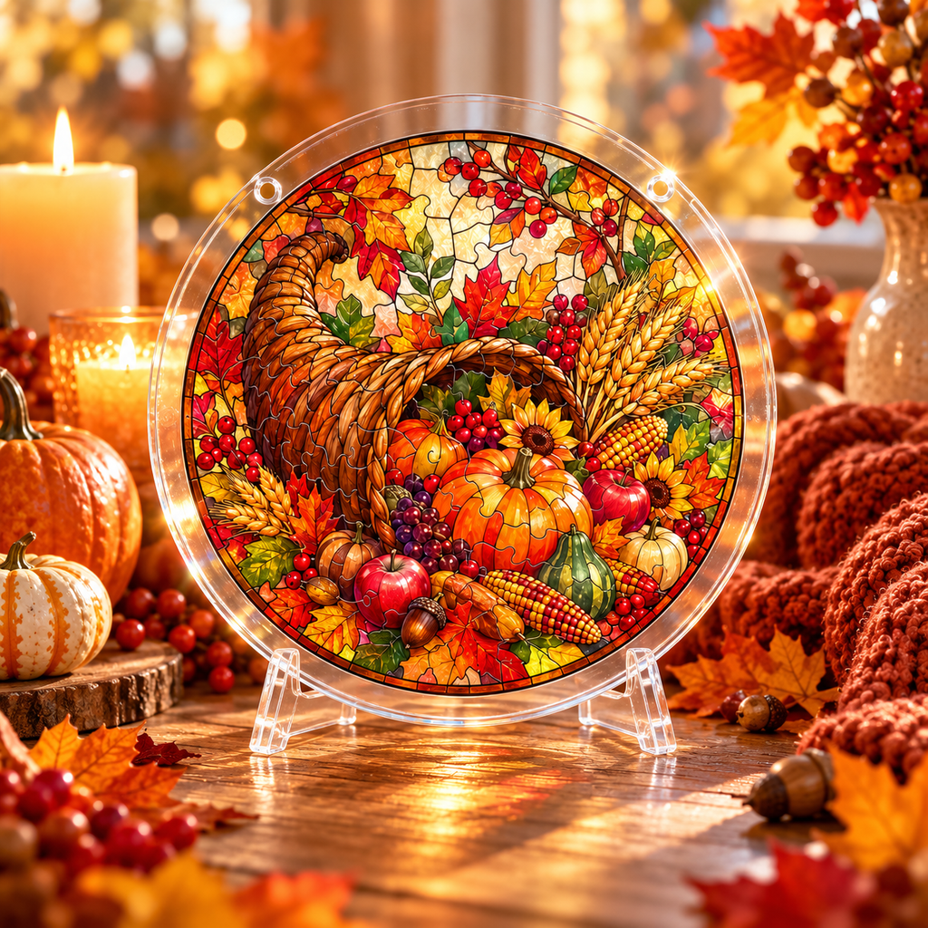 Tanksgiving Acrylic Jigsaw Puzzle Suncatcher - Cornucopia Harvest
