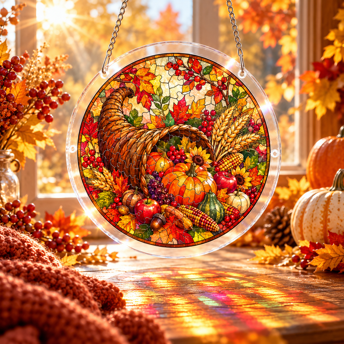 Tanksgiving Acrylic Jigsaw Puzzle Suncatcher - Cornucopia Harvest